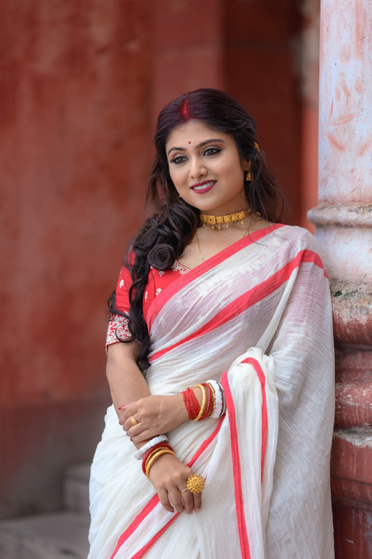 Mohini | Off White Fantasy Mul Mul Cotton Saree with Red Border