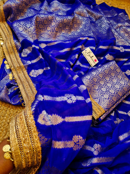 Utsav | Cobalt Blue Benarasi Tissue Silk Saree with Metallic Coin Gota Patti Lace