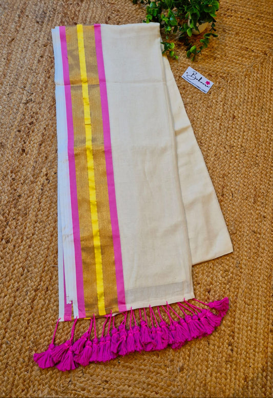 Mohini | Light Cream Mul Mul Cotton Saree with Golden Zari Border