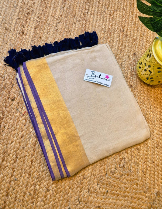 Mohini | Beige Mul Mul Cotton Saree with Purple Zari Border
