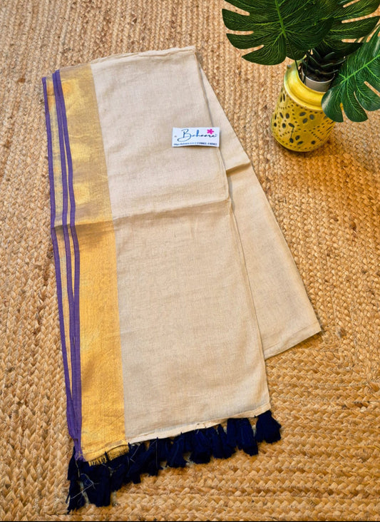 Mohini | Beige Mul Mul Cotton Saree with Purple Zari Border