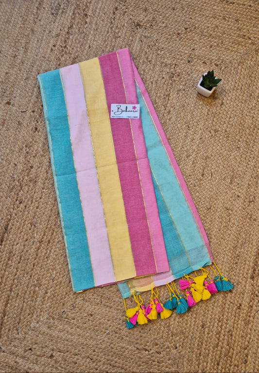 Mohini | Multicoloured Mul Mul Cotton Saree with Golden Tissue Border