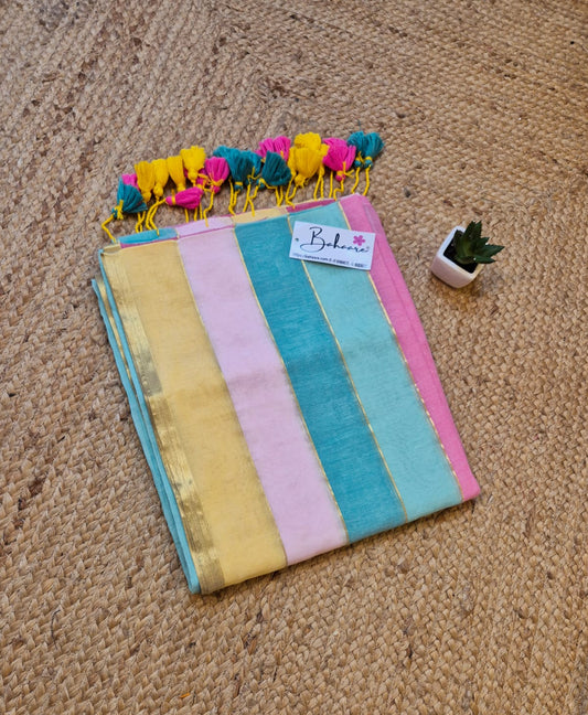 Mohini | Multicoloured Mul Mul Cotton Saree with Golden Tissue Border