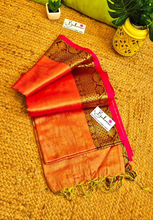 Surmai | Orange Tissue Cotton Saree