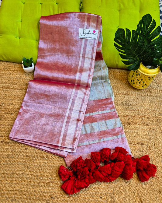 Megha | Rose Red Tissue Saree with Silver Zari