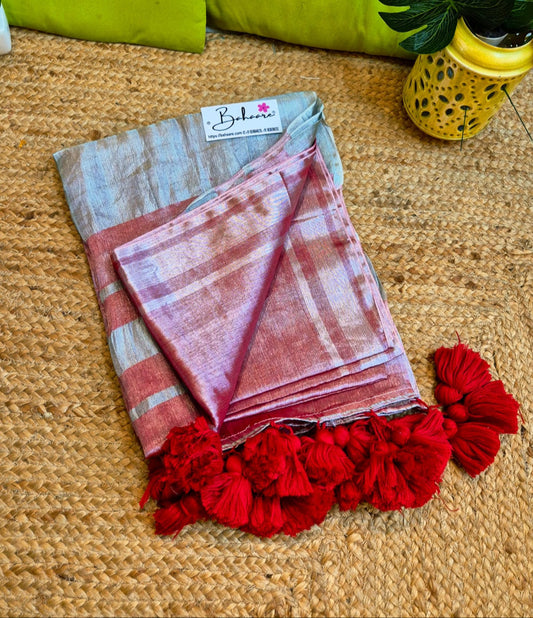 Megha | Rose Red Tissue Saree with Silver Zari