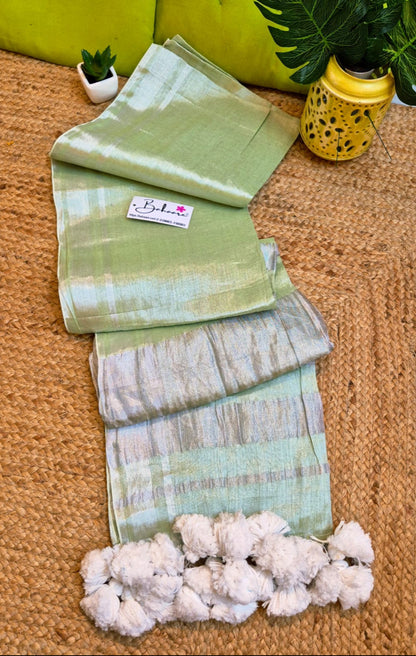Megha | Light Green Tissue Saree with Silver Zari