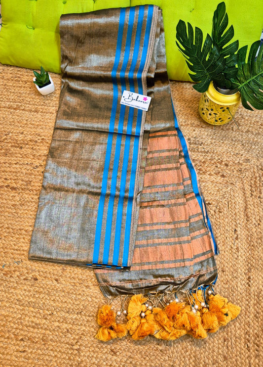 Suhani | Dark Silver Tissue Saree with Royal Blue Border