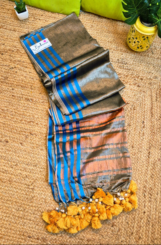 Suhani | Dark Silver Tissue Saree with Royal Blue Border