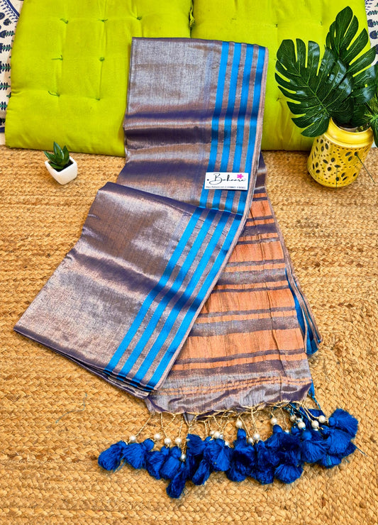 Suhani | Light Silver Tissue Saree with Royal Blue Border