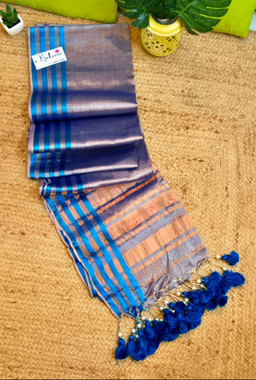 Suhani | Light Silver Tissue Saree with Royal Blue Border