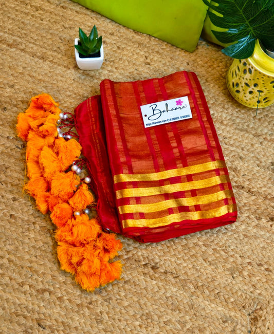 Suhani | Crimson Red Tissue Saree with Golden Border