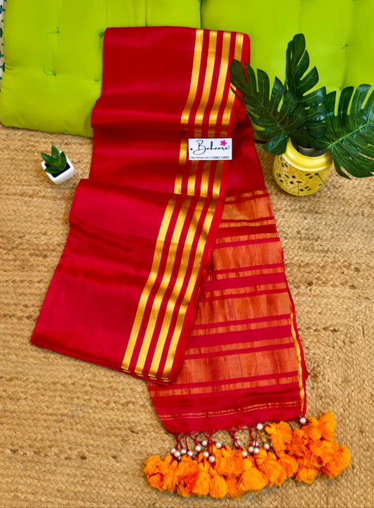 Suhani | Crimson Red Tissue Saree with Golden Border