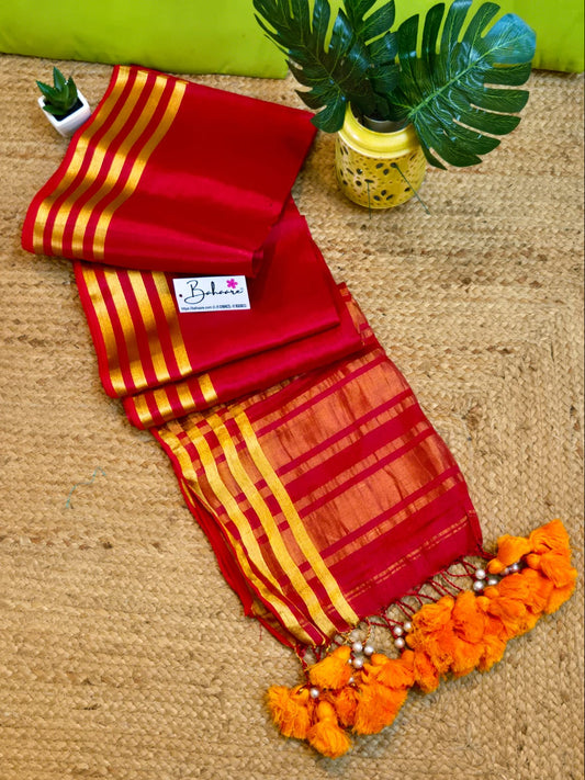 Suhani | Crimson Red Tissue Saree with Golden Border