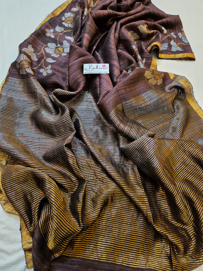 Samhita | Chocolate Brown Pure Matka Silk with Golden Zari Border Handwoven Jamdani Saree