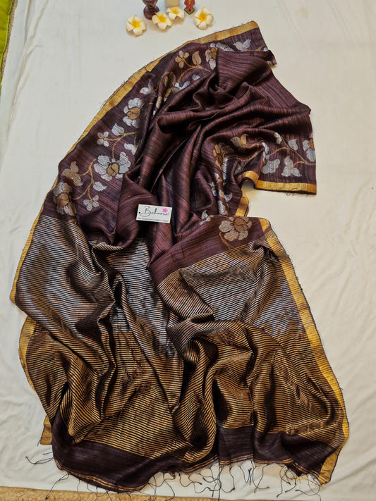 Samhita | Chocolate Brown Matka Silk with Golden Zari Border Handwoven Jamdani Saree