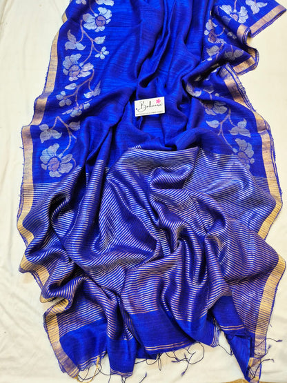 Samhita | Royal Blue Pure Matka Silk with Golden Zari Border Handwoven Jamdani Saree
