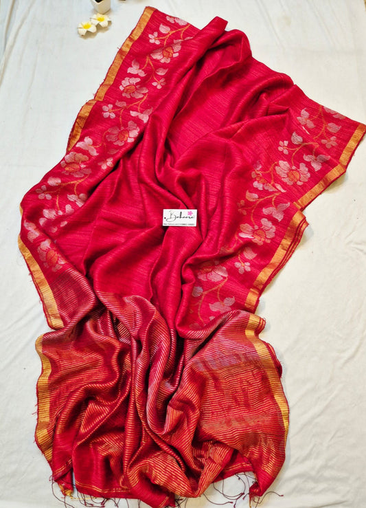 Samhita | Ruby Red Matka Silk with Golden Zari Border Handwoven Jamdani Saree