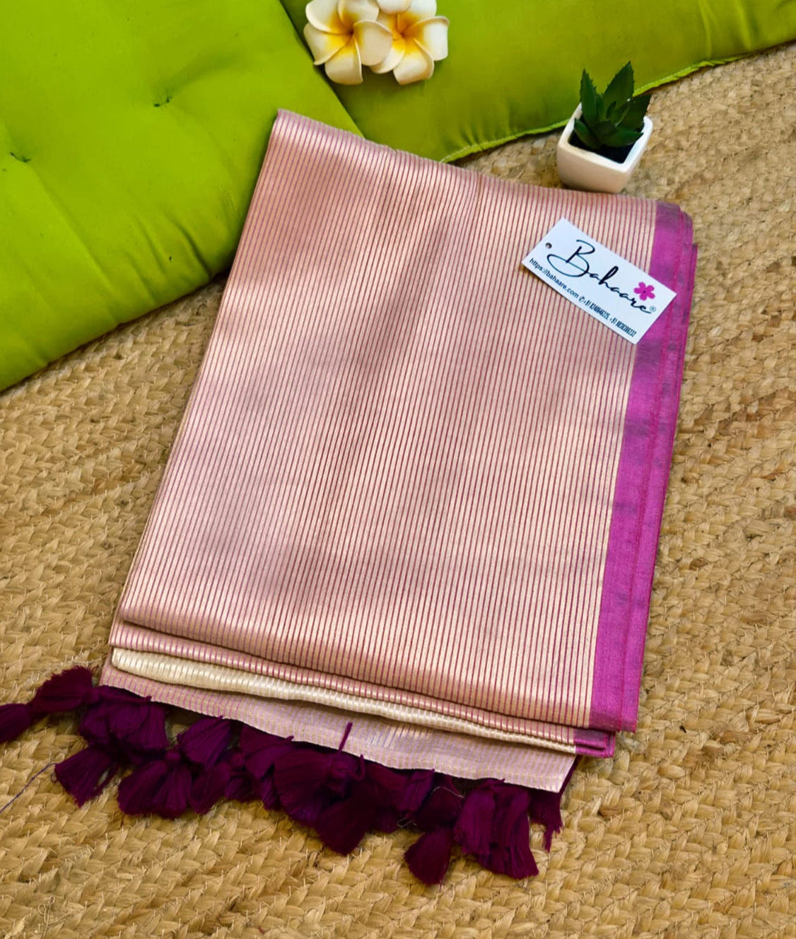 Megha | Golden Whisper Tissue Saree with Magenta Border