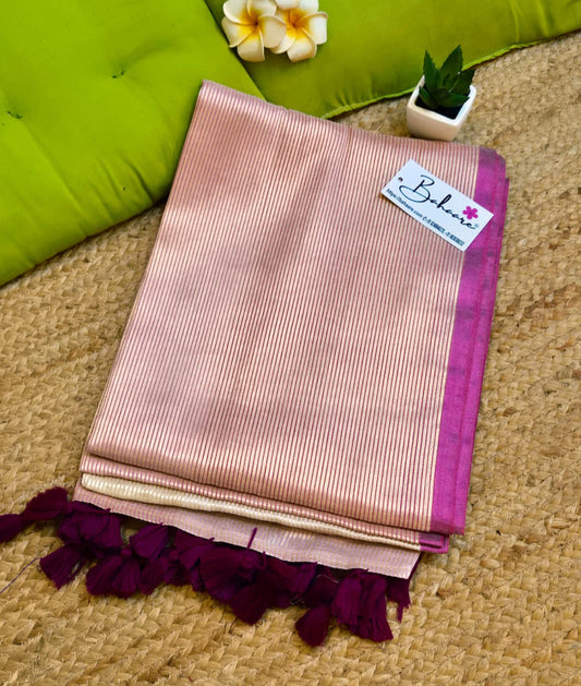 Megha | Golden Whisper Tissue Saree with Magenta Border