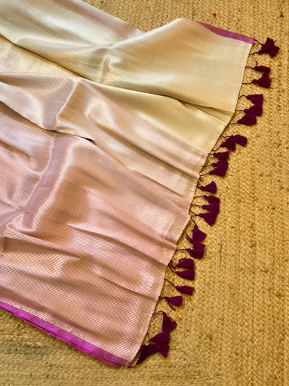 Megha | Golden Whisper Tissue Saree with Magenta Border