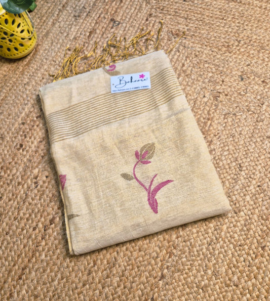 Springtime Serenity | Cream Beige Tissue Linen Saree