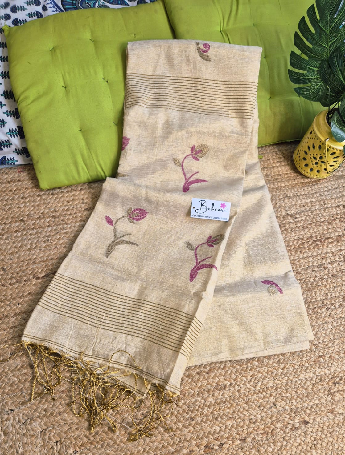 Springtime Serenity | Cream Beige Tissue Linen Saree