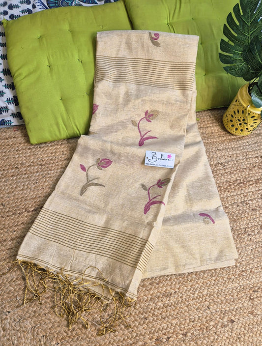 Springtime Serenity | Cream Beige Tissue Linen Saree