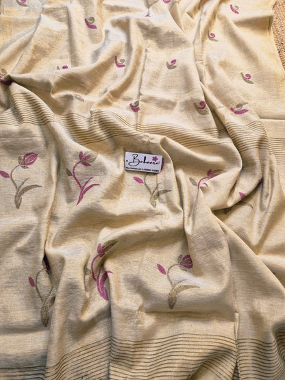 Springtime Serenity | Cream Beige Tissue Linen Saree