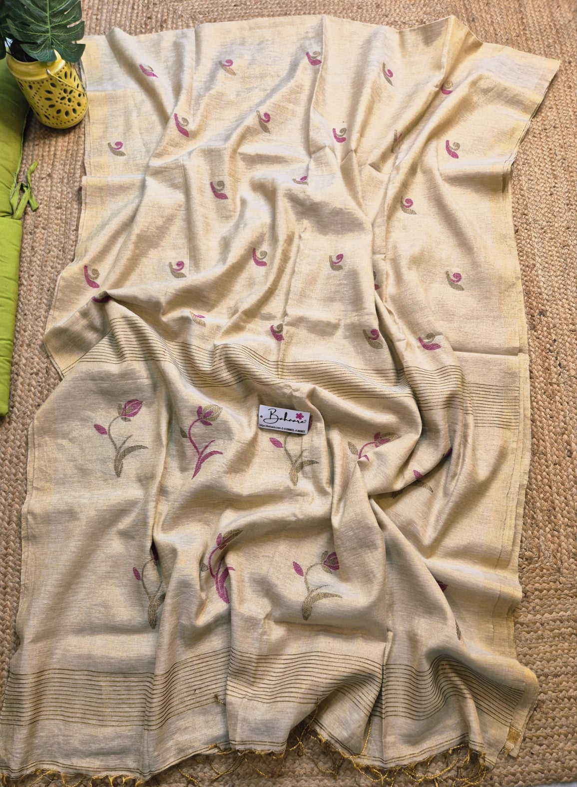 Springtime Serenity | Cream Beige Tissue Linen Saree