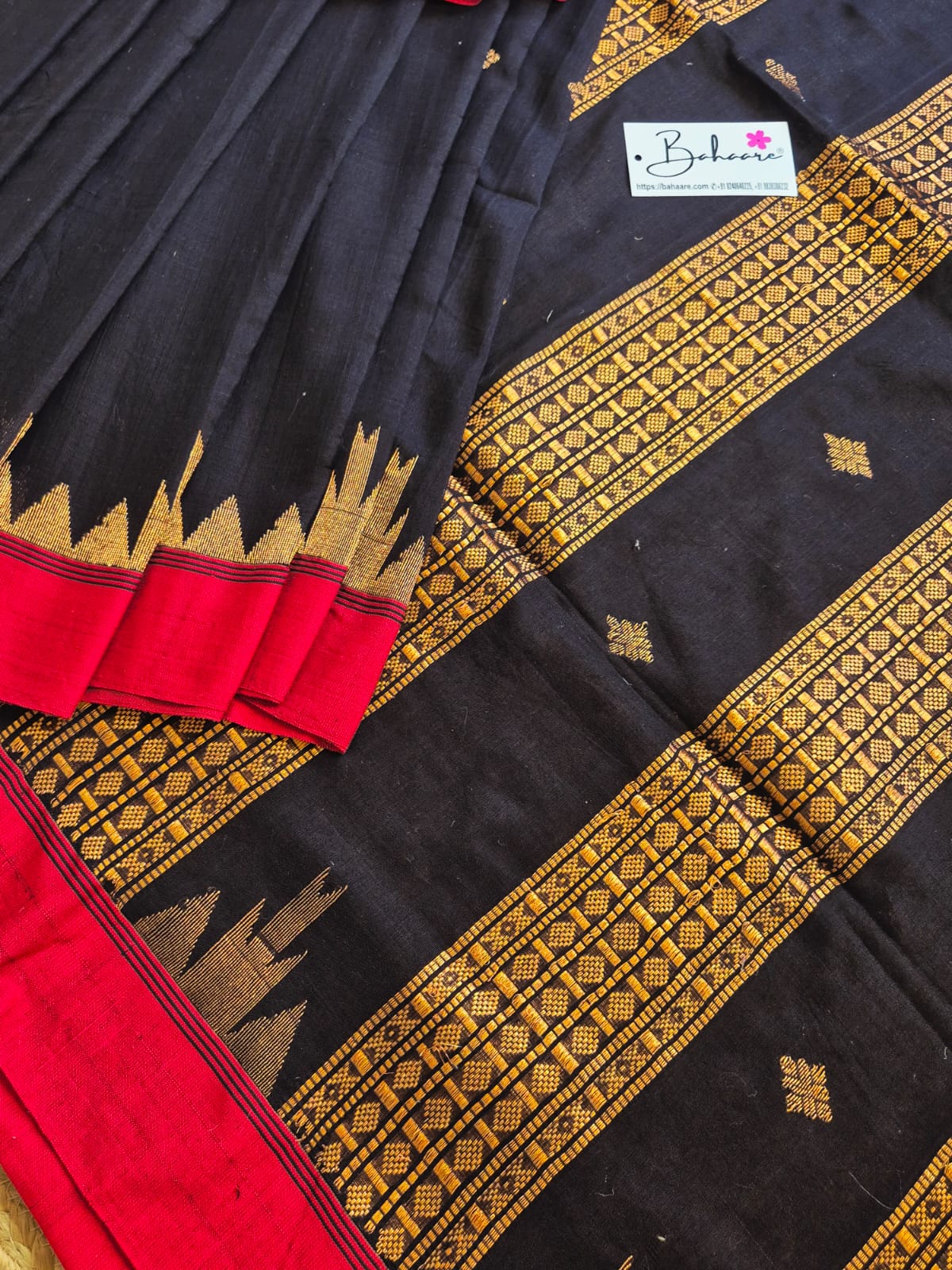 Cotton Galleria | Dark Black Mercerised Cotton Benarasi Saree with Red Border