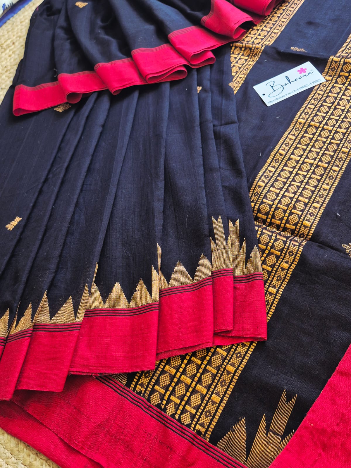 Cotton Galleria | Dark Black Mercerised Cotton Benarasi Saree with Red Border