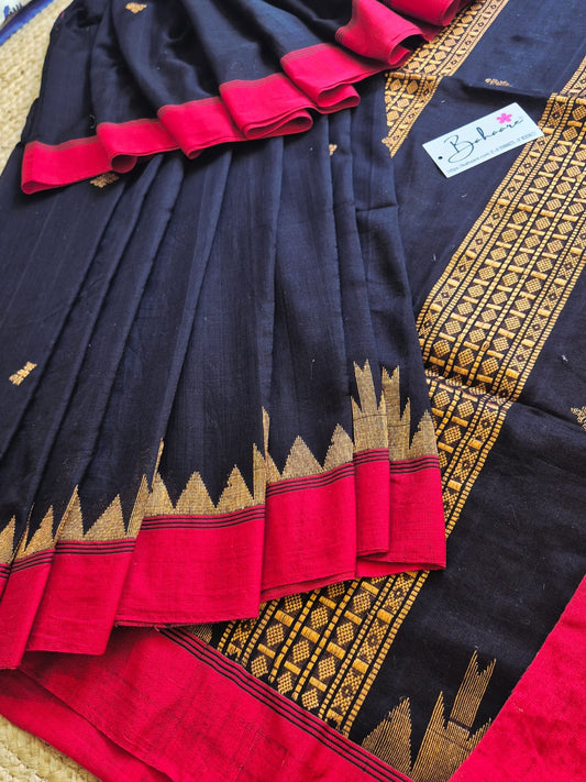 Cotton Galleria | Dark Black Mercerised Cotton Benarasi Saree with Red Border