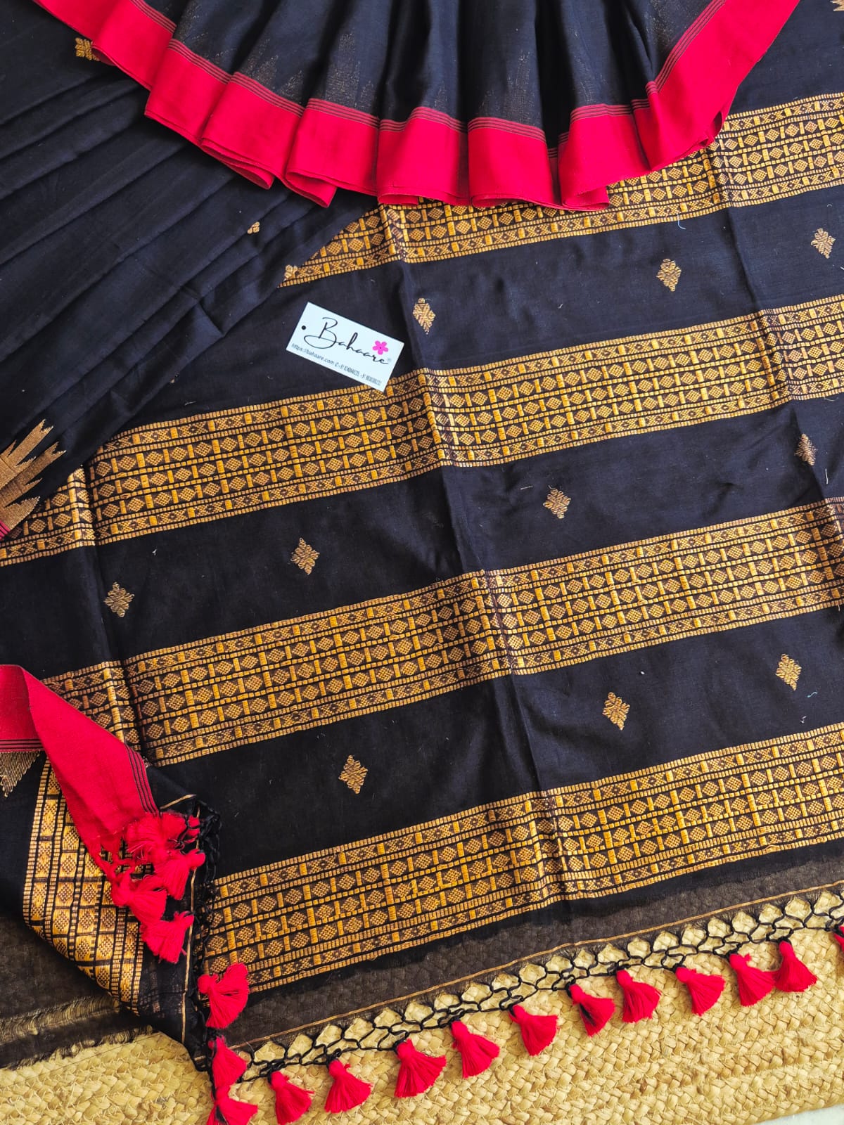 Cotton Galleria | Dark Black Mercerised Cotton Benarasi Saree with Red Border