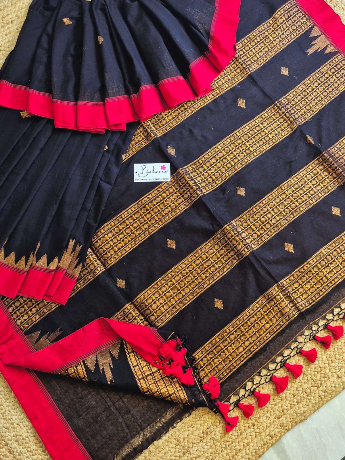 Cotton Galleria | Dark Black Mercerised Cotton Benarasi Saree with Red Border