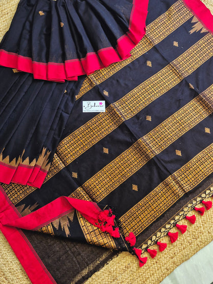 Cotton Galleria | Dark Black Mercerised Cotton Benarasi Saree with Red Border