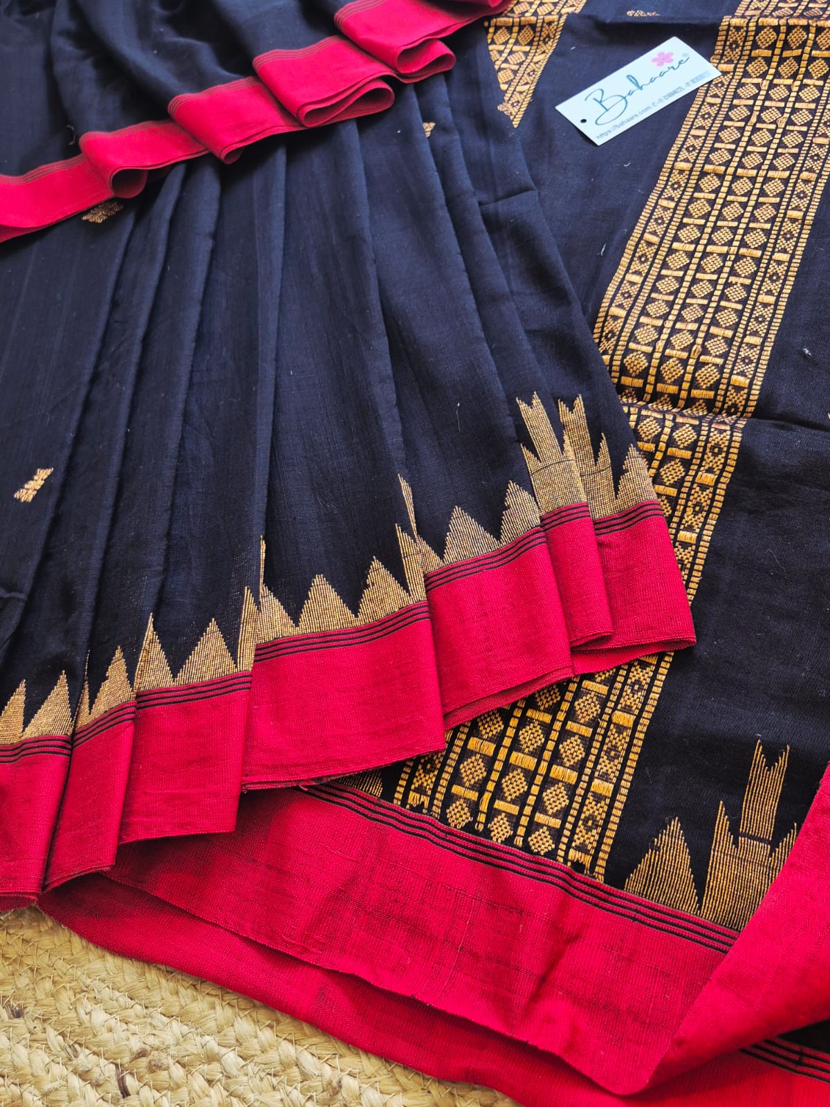 Cotton Galleria | Dark Black Mercerised Cotton Benarasi Saree with Red Border