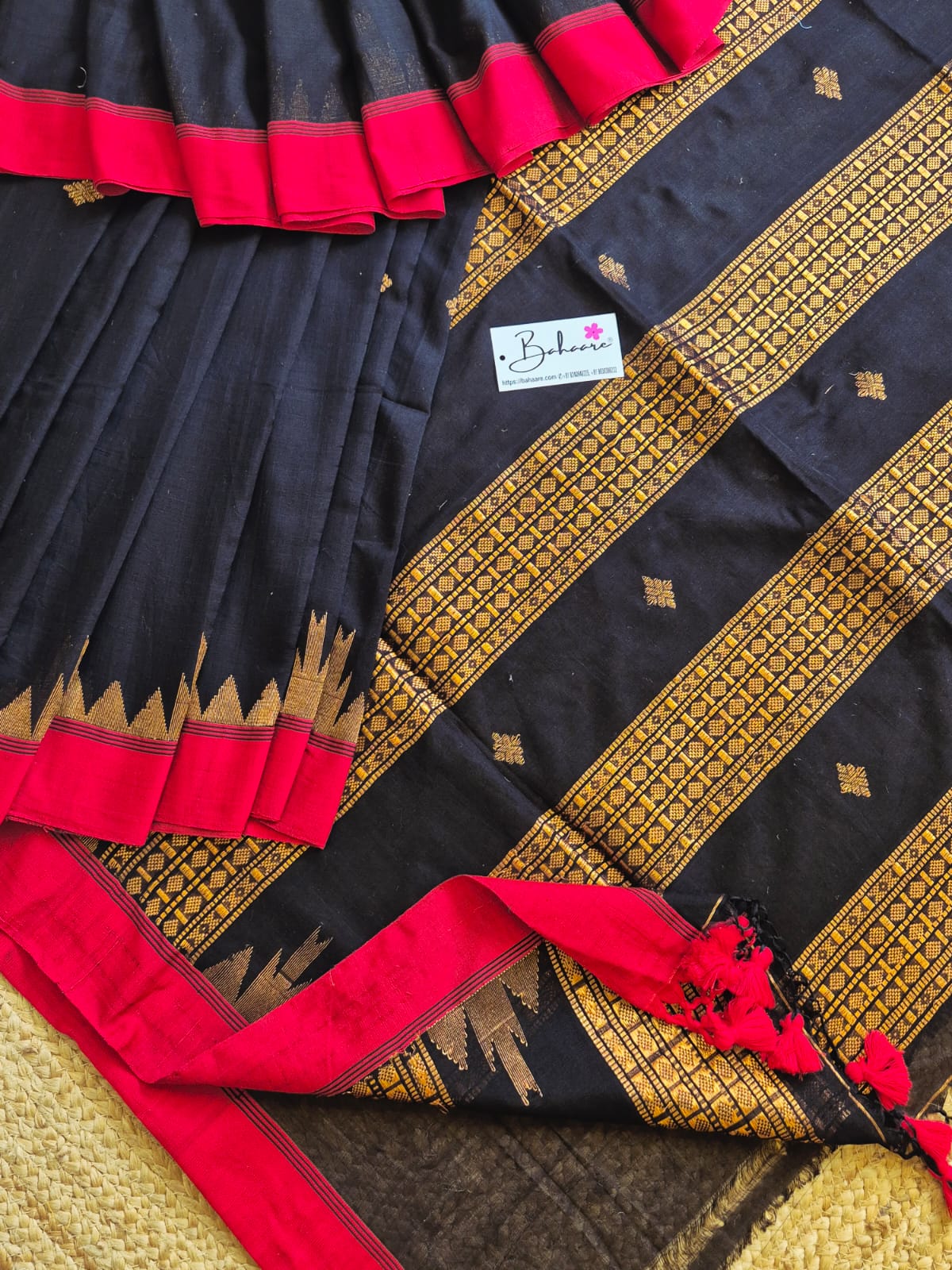Cotton Galleria | Dark Black Mercerised Cotton Benarasi Saree with Red Border