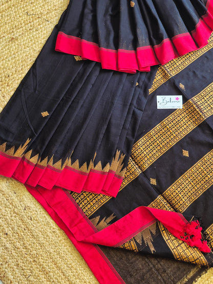 Cotton Galleria | Dark Black Mercerised Cotton Benarasi Saree with Red Border
