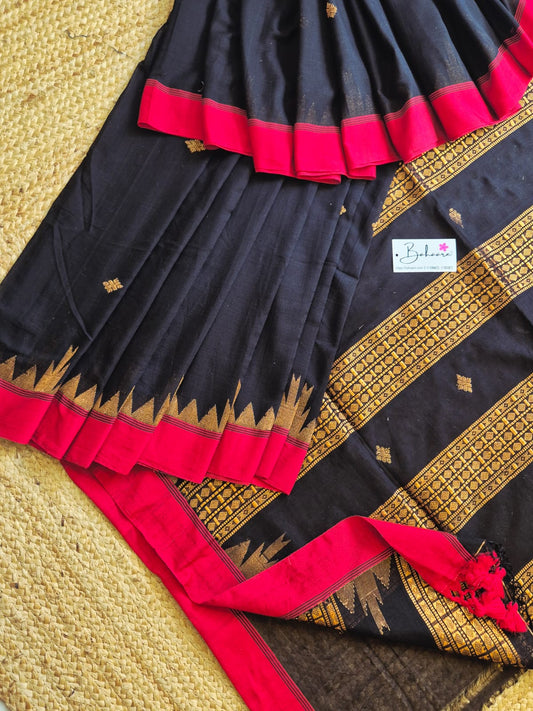 Cotton Galleria | Dark Black Mercerised Cotton Benarasi Saree with Red Border