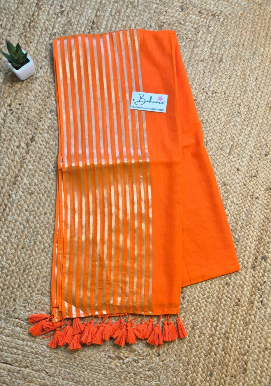 Noor | Neon Orange Mul Mul Cotton Saree with Golden Zari Stripe