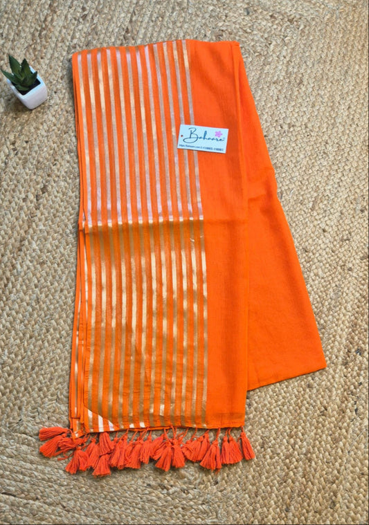 Noor | Neon Orange Mul Mul Cotton Saree with Golden Zari Stripe