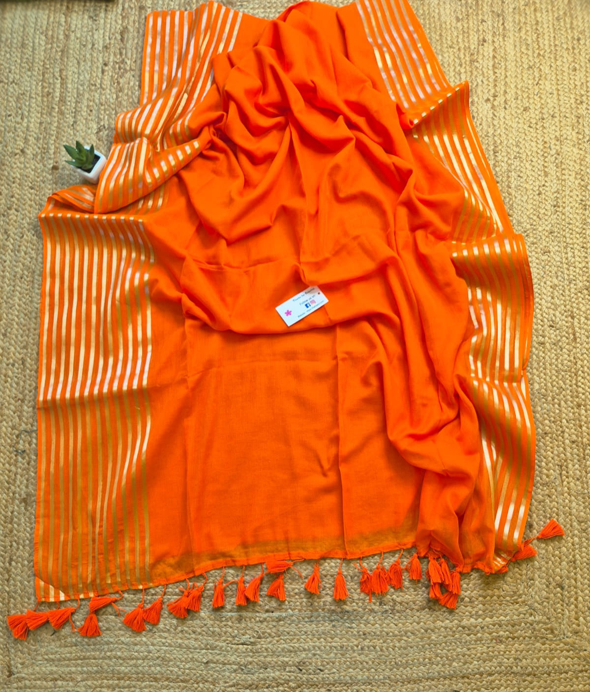 Noor | Neon Orange Mul Mul Cotton Saree with Golden Zari Stripe