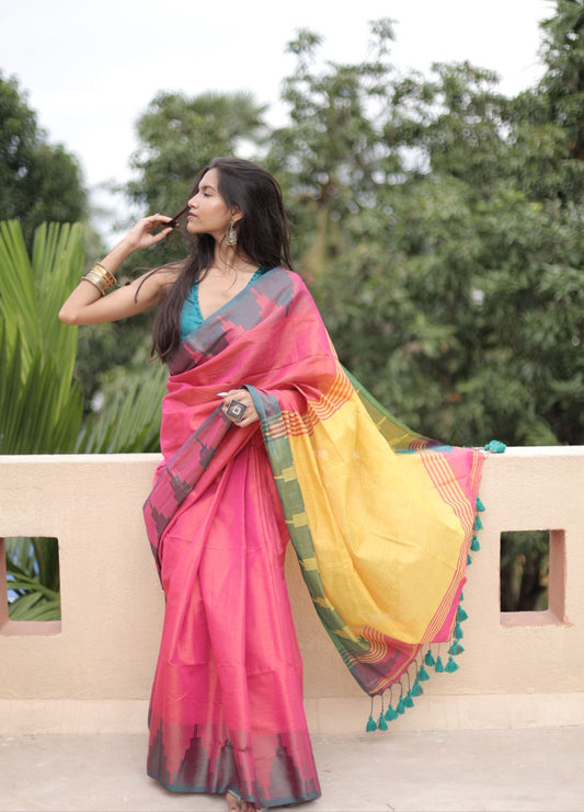 Suhani | Strawberry Handloom Tissue Saree