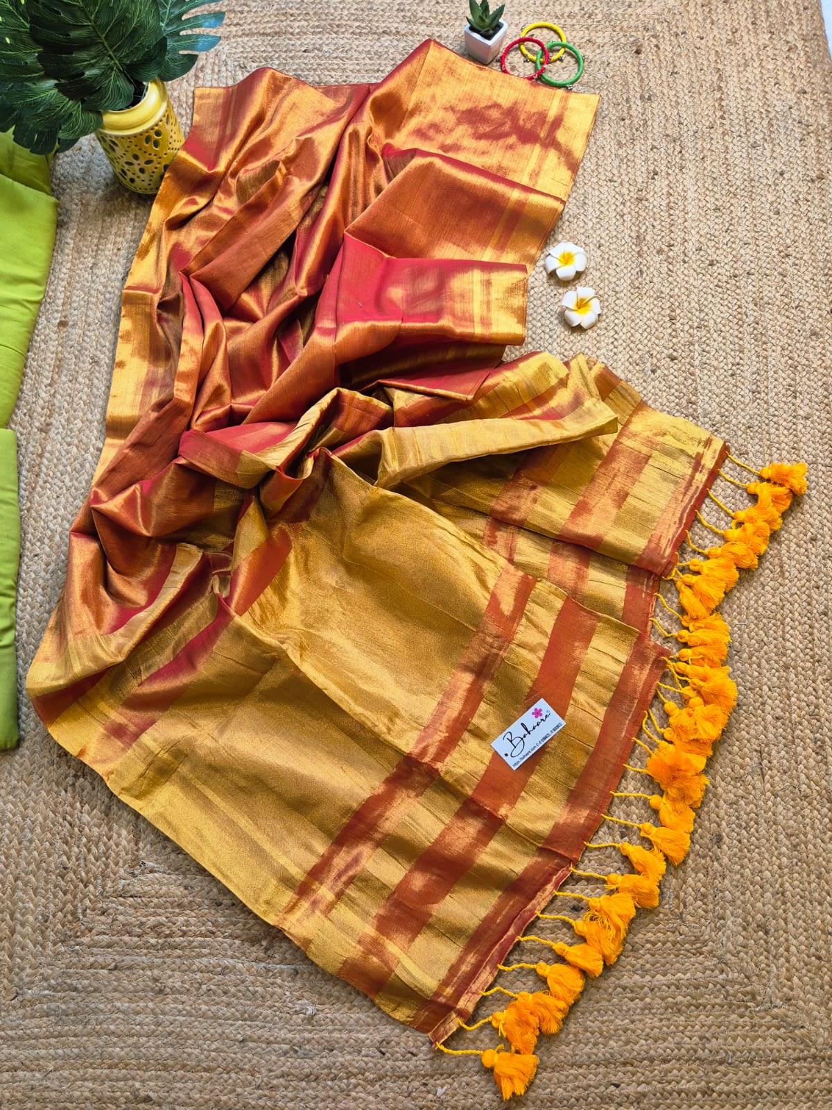 Megha | Orange Golden Dual Tone Tissue Saree