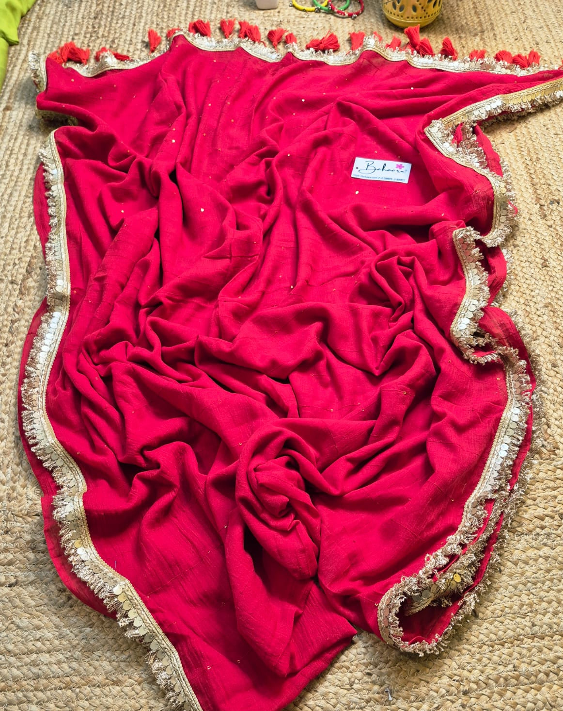 Shimmering Starlight | Laal Ishq Mul Mul Cotton Saree with Golden Zari Lace