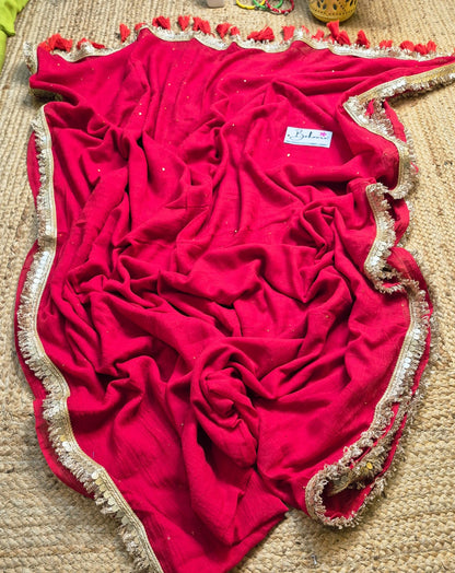 Shimmering Starlight | Laal Ishq Mul Mul Cotton Saree with Golden Zari Lace