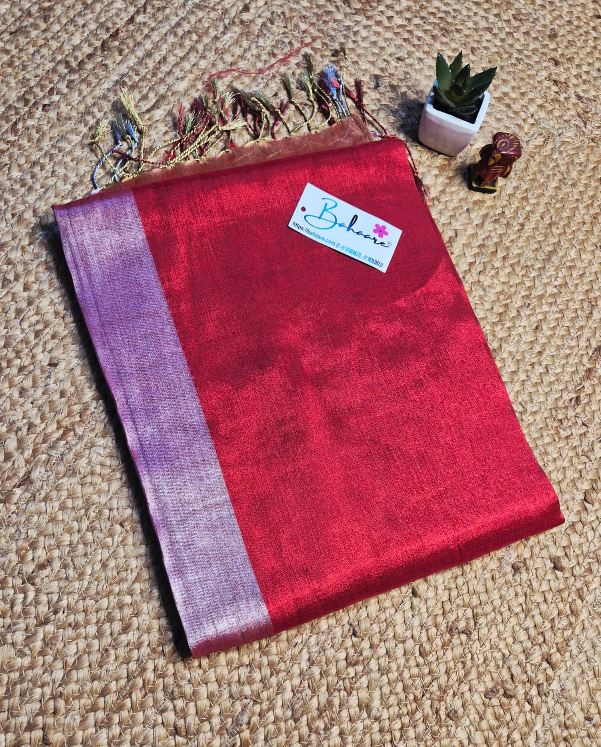 Megha | Red and Golden Tissue Saree with Pink Border