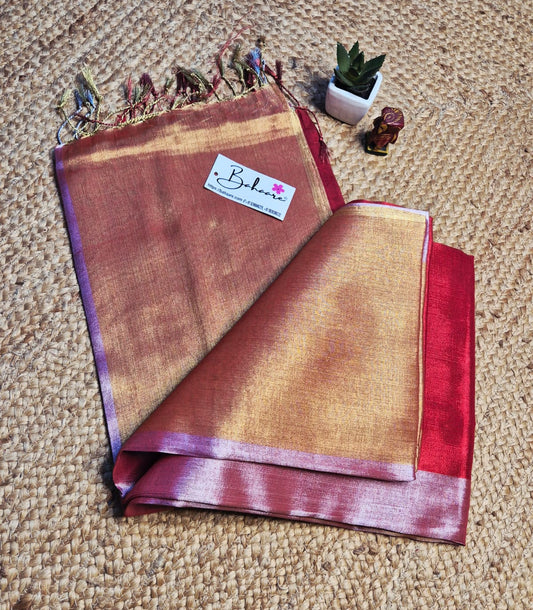 Megha | Red and Golden Tissue Saree with Pink Border