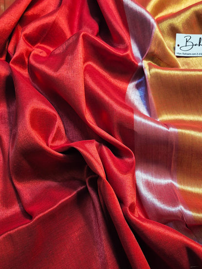 Megha | Red and Golden Tissue Saree with Pink Border